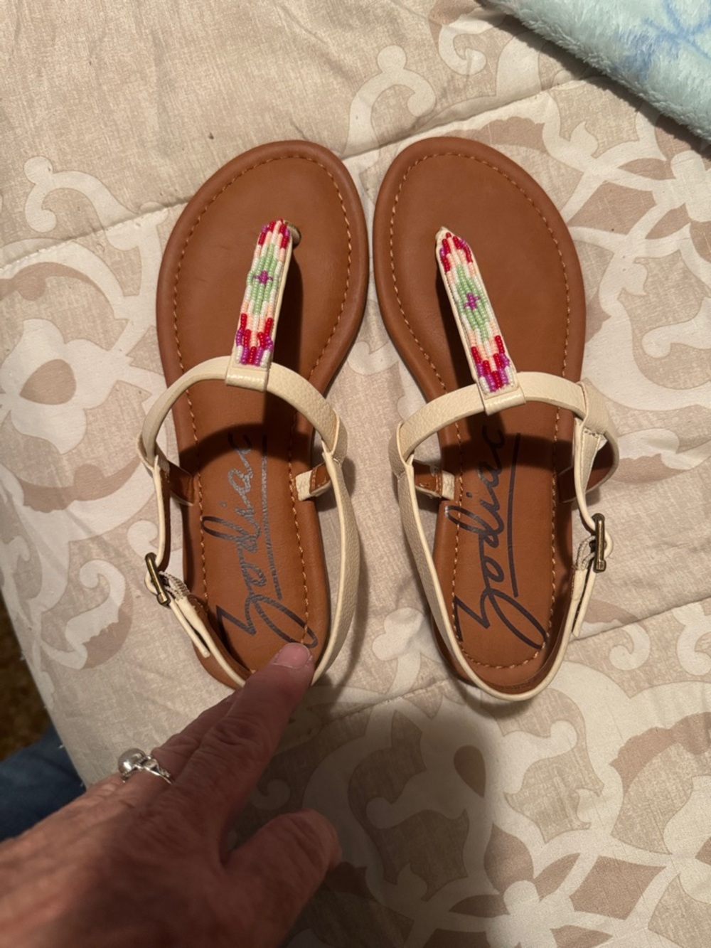 Zodiac Cream T-Strap Sandals with Multicolor Beaded Detail